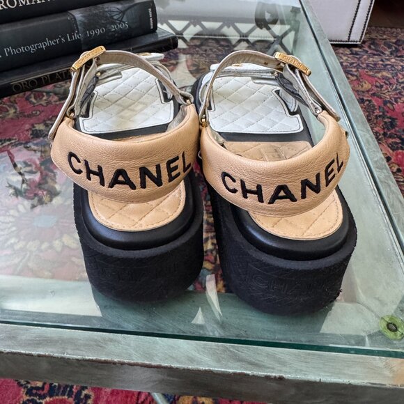 Chanel Dad Sandals Black White Tan Holographic Strap Euro Size 38 US Size 7.5 - Picture 7 of 13